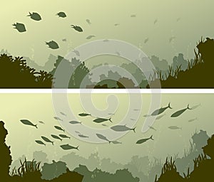 Horizontal wide banners of seabed with coral reefs, algae and sc