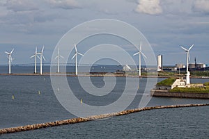 Horizontal wind turbine generators and breakwater