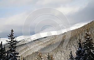 Horizontal winter Mountain view of Winter Park, Colorado.