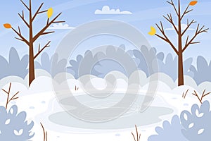 Horizontal winter, snowy landscape. Bare trees, snow-covered bushes, frozen lake, snowdrifts. Color vector illustration. Nature