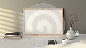 Horizontal wooden picture poster frame mock up. Cup of coffee, books, vase and notebook on white table. Gray wall background