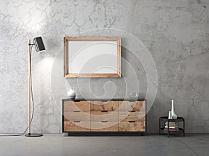 Horizontal Wooden poster Frame Mockup hanging above moderrn bureau