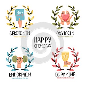 Hormone health icon. Oxytocin serotonin endorphin dopamine. Hormones colorful vector illustration. Mood stabilizer, love
