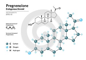 Hormone Pregnenolone. Structural Chemical Formula and Molecule 3d Model. Atoms with Color Coding. Vector Illustration