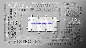 Hormone replacement therapy - a complex subject, related to many concepts. Pictured as a puzzle surrounded by most important ideas