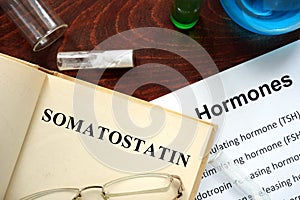 Hormone somatostatin written on book. photo