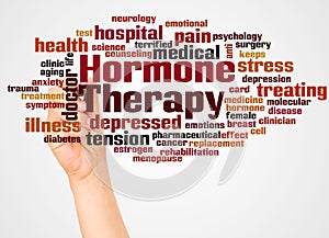 Hormone Therapy word cloud and hand with marker concept