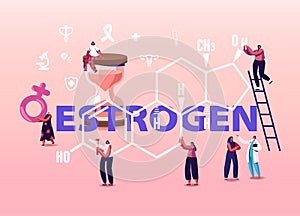 Hormones Health Concept. Tiny Female Characters Patients and Doctor front of Huge Estrogen Formula. Diagnostics