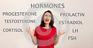 Hormones imbalance. Annoyed mature woman and different words on light background, banner design