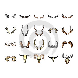 horn animal wildlife nature icons set vector