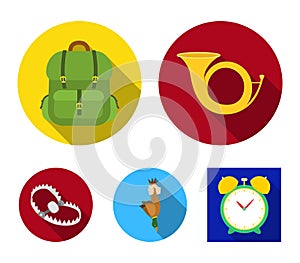 Horn, game in hand, backpack with things, steel cap.Hunting set collection icons in flat style vector symbol stock