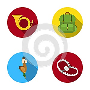 Horn, game in hand, backpack with things, steel cap.Hunting set collection icons in flat style vector symbol stock