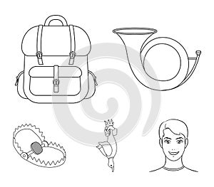 Horn, game in hand, backpack with things, steel cap.Hunting set collection icons in outline style vector symbol stock