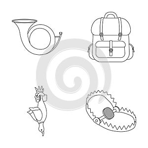 Horn, game in hand, backpack with things, steel cap.Hunting set collection icons in outline style vector symbol stock