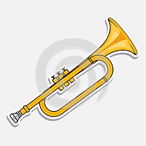 Horn - music wind instrument. Musical equipment. Sticker isolated on white background. Vector illustration.