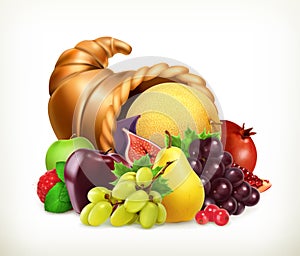 Horn of plenty. Harvest fruits.Cornucopia. Vector icon