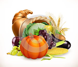 Horn of plenty. Harvest fruits and vegetables. Cornucopia. Vector icon