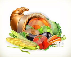 Horn of plenty. Harvest vegetables. Cornucopia. Vector icon