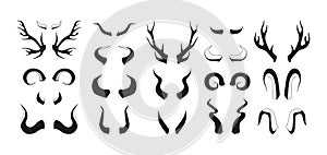 Horn silhouettes. Black pairs of animal antlers different shapes, wildlife hunting trophy elements, horned mammal