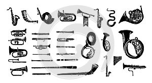 horn, trumpet, flugelhorn, trombone, saxophone, tuba. vector, realism