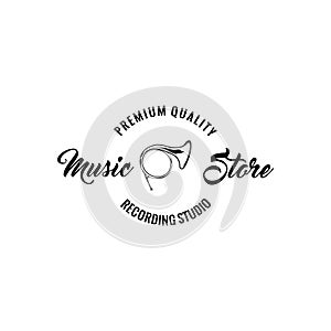 Horn trumpet icon. Music store logo label. Music shop emblem. Premium quality lettering. Vector.