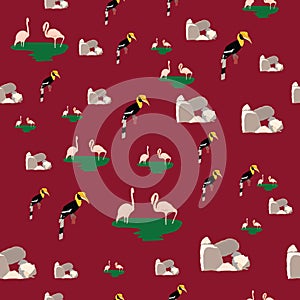 Hornbill pelican balanced rock seamless repeating vector pattern