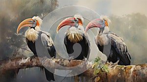 Hornbills painted in beautiful watercolors. Generative Ai