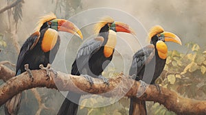 Hornbills painted in beautiful watercolors. Generative Ai