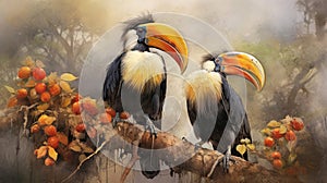 Hornbills painted in beautiful watercolors. Generative Ai