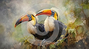 Hornbills painted in beautiful watercolors. Generative Ai