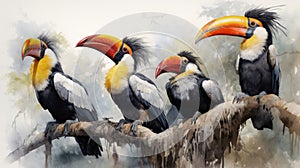 Hornbills painted in beautiful watercolors. Generative Ai