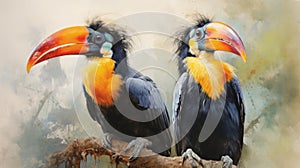 Hornbills painted in beautiful watercolors. Generative Ai