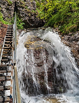 Horne diery gorge with waterfall and ladder in Mala Fatra mountains in Slovakia