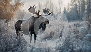 Horned elk grazes in tranquil winter forest, majestic and serene generated by AI