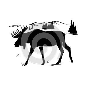 Horned Elk, moose - mountain landscape, Wildlife Stencils - mountain Silhouettes for Cricut, Wildlife clipart, png Cut photo