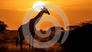 A horned giraffe standing in silhouette at sunset on savannah generated by AI