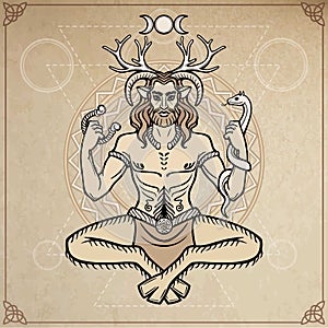 Horned god Cernunnos . Mysticism, esoteric, paganism, occultism. Vector illustration.