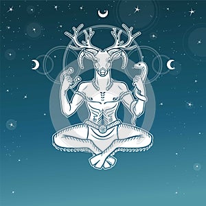 Horned god Cernunnos . Mysticism, esoteric, paganism, occultism. Vector illustration.