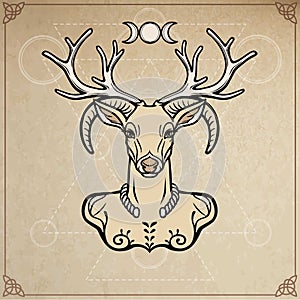 Horned god Cernunnos . Mysticism, esoteric, paganism, occultism. Vector illustration.