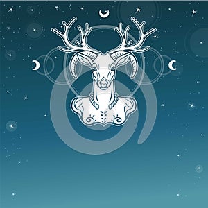 Horned god Cernunnos . Mysticism, esoteric, paganism, occultism. Vector illustration.