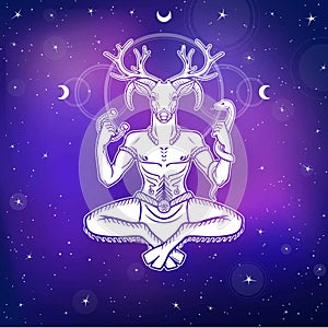 Horned god Cernunnos . Mysticism, esoteric, paganism, occultism. Vector illustration.