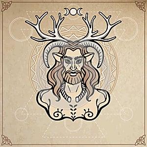 Horned god Cernunnos . Mysticism, esoteric, paganism, occultism. Vector illustration.