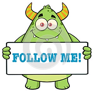 Horned Green Monster Cartoon Character Holding Follow Me Sign