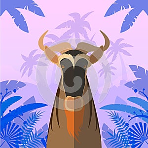 Horned Horse Gnu on the Jungle Background