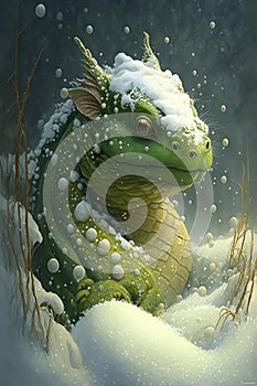 Horned lizard dragon poking out of the snow, Generative AI