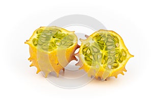 Horned melon fruit isolated on white copy space