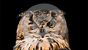 The horned owl with one open eye. Isolated on a black background