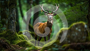 Horned stag standing in lush green forest generated by AI