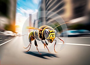 hornet running at high speed with city buildings,generated with AI. photo