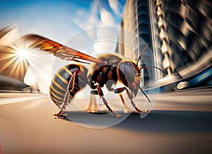 hornet running at high speed with city buildings,generated with AI. photo